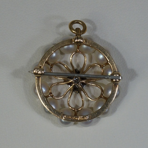 14KW & Plat. Vintage Pearl & Diamond Pend-Brooch - Picture 3 of 7